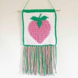 Crochet Pink Strawberry Tapestry Wall Hanging